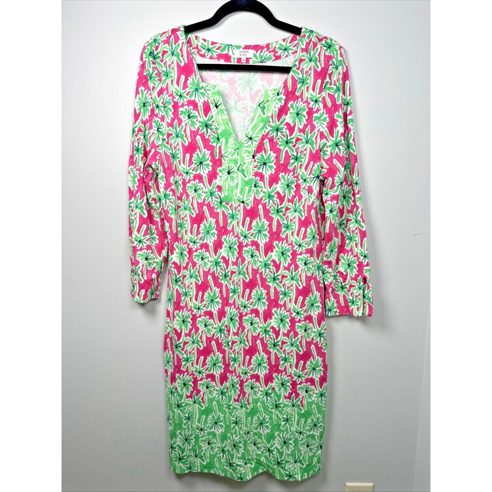Crown & Ivy Large Womens Dress Floral Sheath Colorful Stretch Long Sleeve Beach